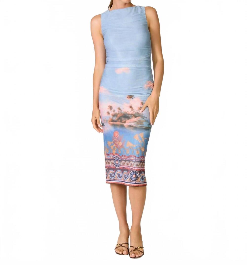 NEW LINE AND DOT island mesh midi dress in blue multi